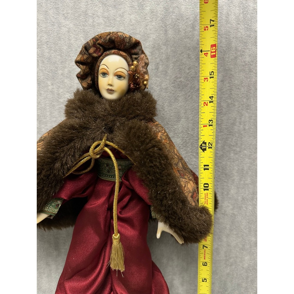 Vintage Porcelain Harlequin Doll Burgundy Satin Faux Fur Art Deco Pierrot - Picture 15 of 15